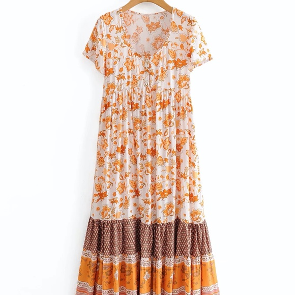 boho gypsy floral print ruffle hem midi dress - Picture 6 of 7